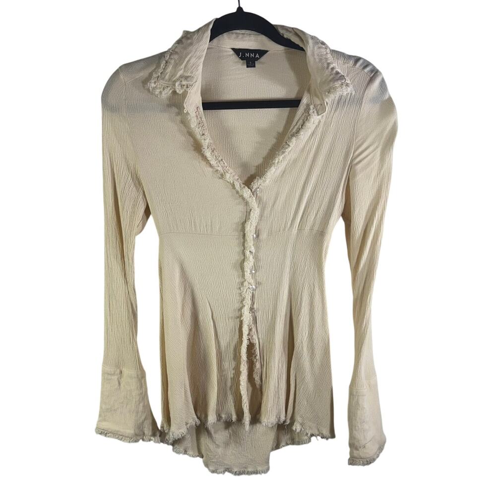 J.NNA Cream Boho Open Back Frayed Button Front Peplum Blouse Small Long Sleeve